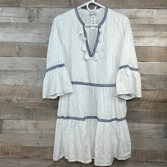 Tommy Bahama Dresses & Skirts - Tommy Bahama White Cotton Jacquard Tiered Tassel Mini Dress Navy Embroidery M/M